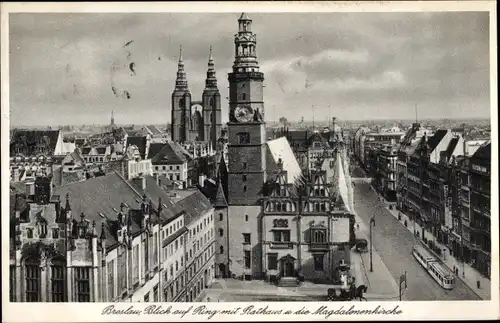 Ak Wrocław Breslau Schlesien, Blick auf Ring mit Rathaus und Magdalenenkirche