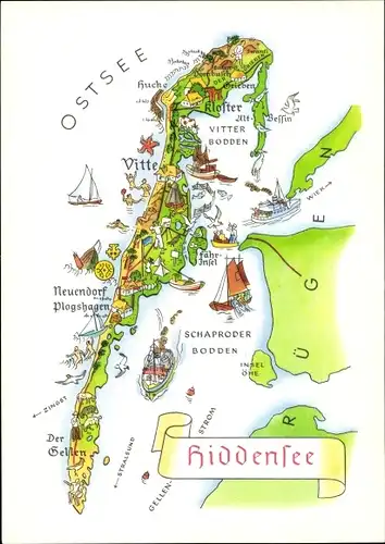 Landkarten Ak Insel Hiddensee Ostsee, Vitte, Neuendorf, Plogshagen, Neuendorf, Bodden, Kloster