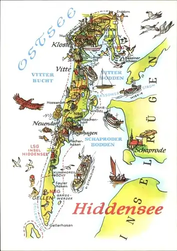 Landkarten Ak Insel Hiddensee in der Ostsee, Kloster, Vitte, Vitter Bucht, Neuendorf, Schaprode