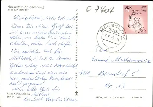 Ak Meuselwitz in Thüringen, Blick zum Rathaus, Textilien u. Lebensmittelgeschäft