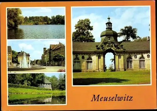 Ak Meuselwitz in Thüringen, Hainbergsee, Markt, Park mit Orangerie, Alte Mühle am Mühlenteich