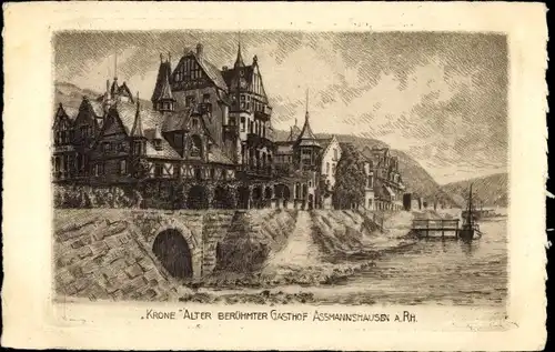Künstler Ak Assmannshausen Rüdesheim am Rhein, Krone, Alter berühmter Gasthof