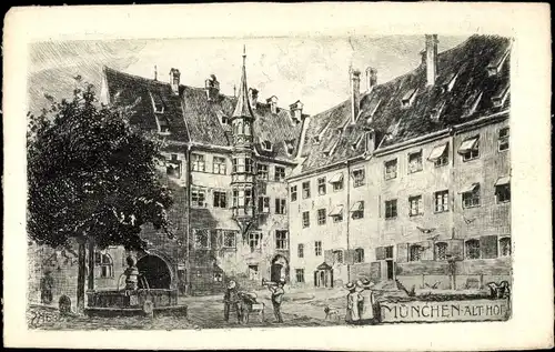 Künstler Ak München, Althof, Platz, Brunnen, Spaziergänger