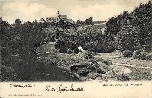 Ak Stadtoldendorf in Niedersachsen, Kloster Amelungsborn, Klosterkirche mit Hooptal, Panorama