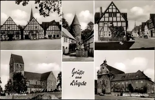 Ak Lügde im Weserbergland, Ehem. Klosterkirche, St. Kilianskirche, Fachwerkhäuser