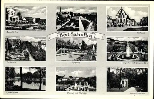 Ak Bad Salzuflen in Lippe, Kurpark, Kurhaus, Rathaus, Leopold-Bad, Kurparkteich, Parkstraße