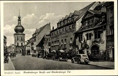 Ak Saalfeld an der Saale Thüringen, Blankenburger Straße und Blankenburger Tor, Fahrzeuge