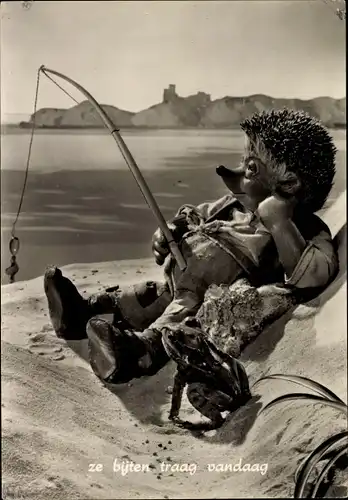 Ak Mecki der Igel, Immer mit der Ruhe, Mecki beim Angeln, Frosch