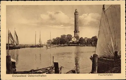 Ak Chorzelin Osternothafen Świnoujście Swinemünde Pommern, Fischerhafen, Leuchtturm