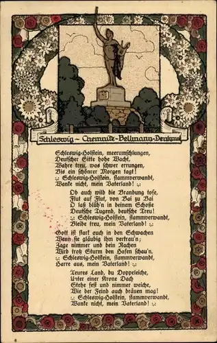 Litho Schleswig an der Schlei, Chemnitz Bellmann Denkmal, Gedicht