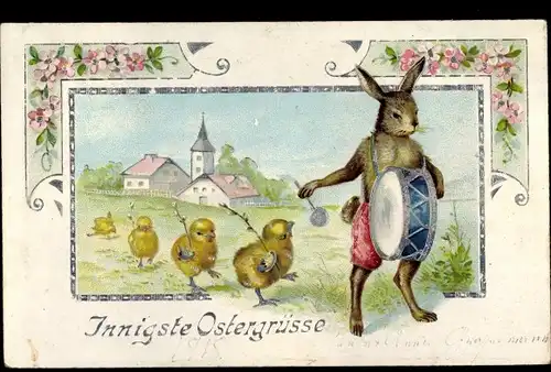 Ak Innigste Ostergrüße, Osterhase mit Trommel und vier Küken