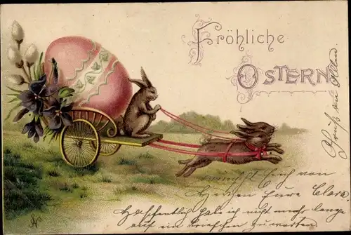 Künstler Litho Glückwunsch Ostern, Osterhasen, Fuhrwerk, Osterei, Weidekätzchen