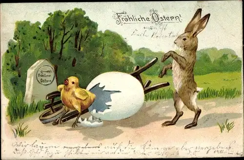 Präge Litho Glückwunsch Ostern, Küken ist geschlüpft, Osterhase, Schubkarre