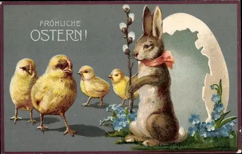 Präge Ak Glückwunsch Ostern, Osterhase, Küken, Weidenkätzchen, Vergissmeinnicht