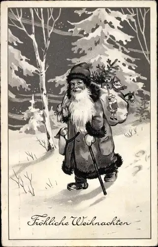 Ak Glückwunsch Weihnachten, Weihnachtsmann mit Geschenken, Wald, Tannenbäume