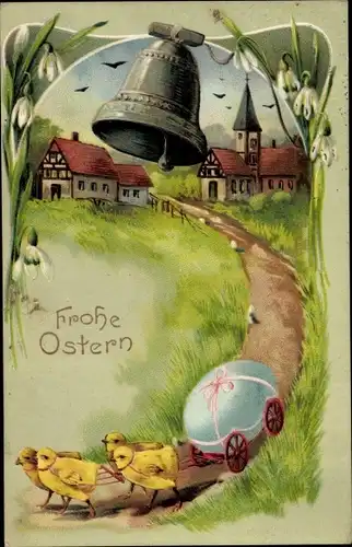 Präge Ak Glückwunsch Ostern, Küken, Fuhrwerk, Osterei, Glocke, Schneeglocken