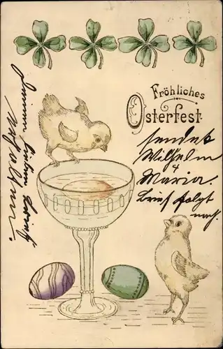 Präge Litho Glückwunsch Ostern, Küken, Sektglas, Ostereier, Glücksklee