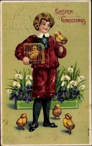 Präge Ak Glückwunsch Ostern, Junge mit Küken, Schneeglöckchen, Küken