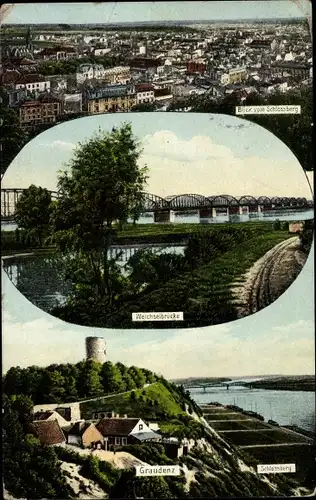 Ak Grudziądz Graudenz Westpreußen, Weichselbrücke, Schlossberg, Panorama