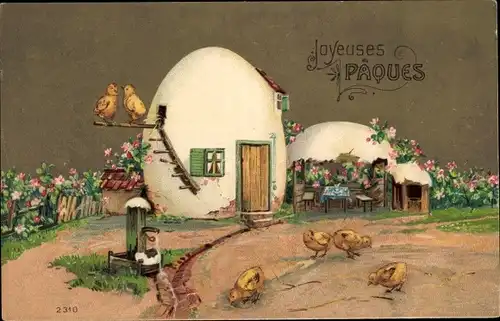 Präge Ak Glückwunsch Ostern, Joyeuses Paques, Eierhaus, Küken, Brunnen