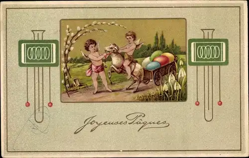 Präge Litho Glückwunsch Ostern, Joyeuses Paques, Engel, Lamm, Wagen mit Ostereiern, Weidenkätzchen