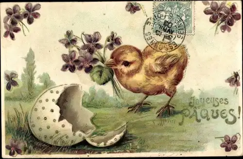 Präge Ak Glückwunsch Ostern, Joyeuses Paques, Küken mit Veilchen, Osterei