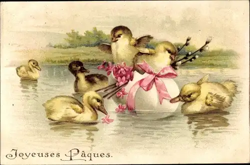 Präge Ak Glückwunsch Ostern, Joyeuses Paques, Osterküken, Osterei und Enten