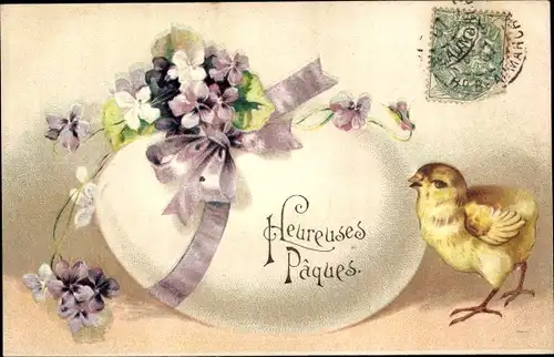 Präge Ak Glückwunsch Ostern, Heureuses Paques, Küken, Osterei, Schleife