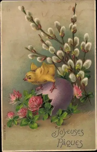 Präge Litho Glückwunsch Ostern, Küken, Eierschale, Kleeblätter, Weidenkätzchen
