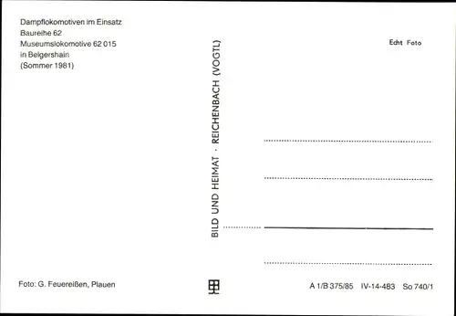 Ak Deutsche Eisenbahn, Dampflokomotive, Museumslok 62 015 in Belgershain