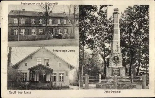 Ak Lanz in der Prignitz, Jahn-Denkmal und Geburtshaus, Postagentur H. Grünewaldt