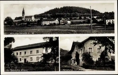 Ak Kirchaitnach Kollnburg in Niederbayern, Panorama, Kirche, Gasthaus Wieser, Handlung Biehlmaier