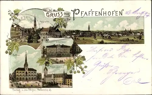 Litho Pfaffenhofen an der Ilm Oberbayern, Gesamtansicht, Hauptplatz, Rathaus, Schulhaus