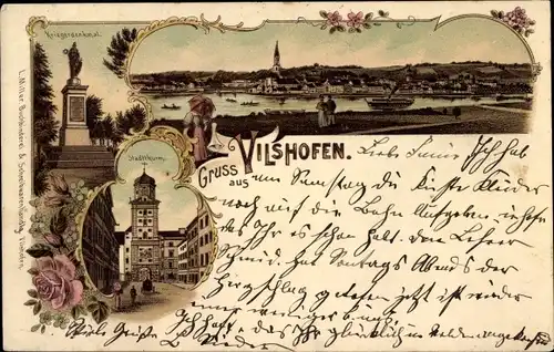 Litho Vilshofen an der Donau Niederbayern, Gesamtansicht, Kriegerdenkmal, Stadtturm