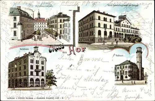 Litho Hof an der Saale Oberfranken, Gymnasiumsplatz, Bahnhofsgebäude, Stadtpost, Aktienhaus, Rathaus