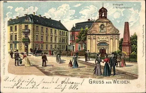 Litho Weiden Oberpfalz, Wiskapelle mit Kriegerdenkmal und Passanten