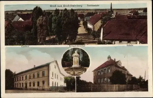 Ak Großsteinberg Parthenstein in Sachsen, Gesamtansicht, Gasthof, Kriegerdenkmal, Schule