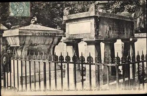 Ak Paris XX, Cimetière du Père Lachaise, Tombeaux de La Fontaine et Moliere