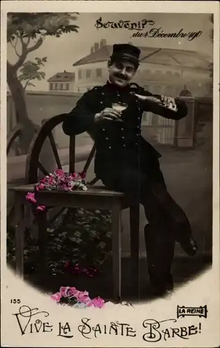 Ak Vive la Sainte Barbe, Französischer Soldat mit Weinflasche