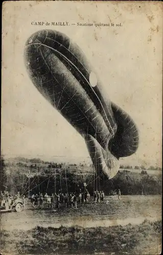 Ak Mailly le Camp Aube, Camp de Mailly, Saucisse quittant le sol, Französischer Militärballon