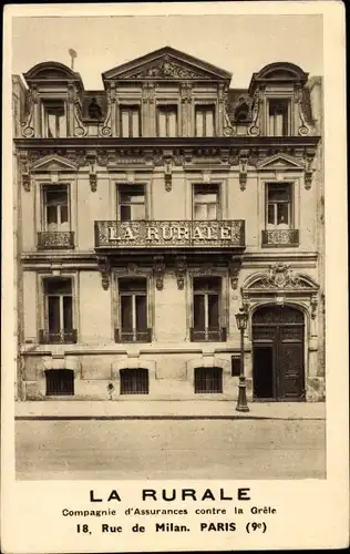 Ak Paris IX, La Rurale, Compagnie d'Assurances, Rue de Milan
