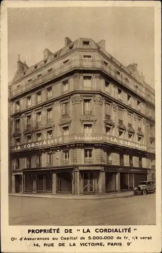 Ak Paris IX Opéra, Propriété de La Cordialité, Cie. d'Assurances, 14 Rue de la Victoire