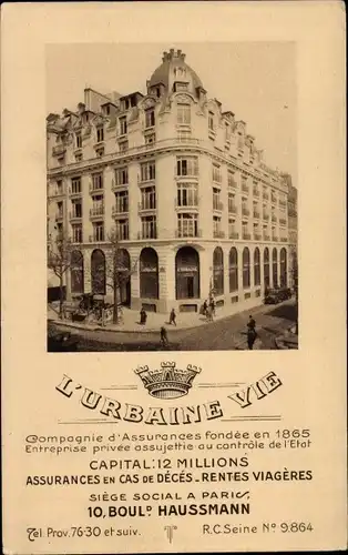 Ak Paris IX, Faubourg Montmartre, L'Urbaine Vie, Assurances, 10 Boulevard Haussmann