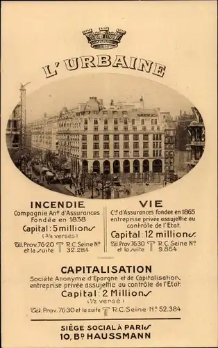 Ak Paris IX, Faubourg Montmartre, L'Urbaine, Cie. d'Assurances, Incendie, Vie, 10 Bd. Haussmann