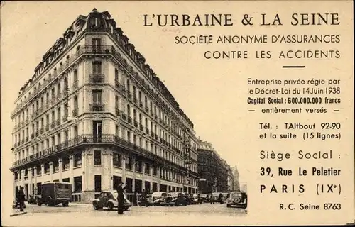 Ak Paris IX., L'Urbaine et la Seine, Societe Anonyme d'Assurances contre les Accidents, Le Peletier