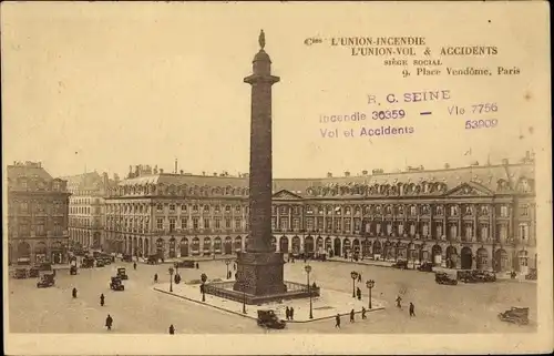Ak Paris I, La Place Vendôme, L'Union, Cie d'Assurances