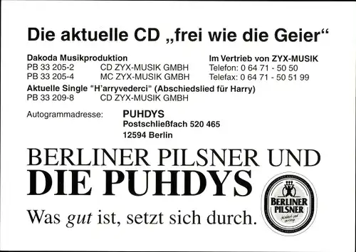 Ak Musikband Puhdys, Die aktuelle CD frei wie die Geier, Autogramm