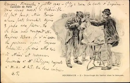 Ak Camelots de Paris, Journaux, Detaillage du ballot chez le troquet