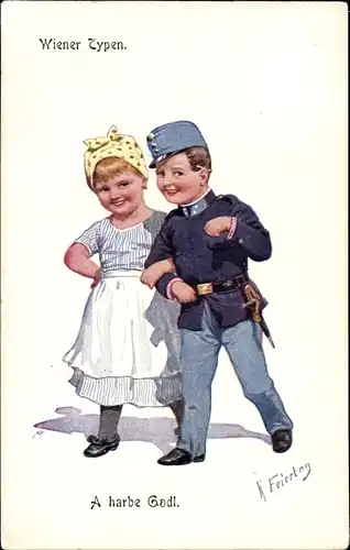 Künstler Ak Feiertag, K., Wiener Typen, A harde Godl, Kinder, Uniform