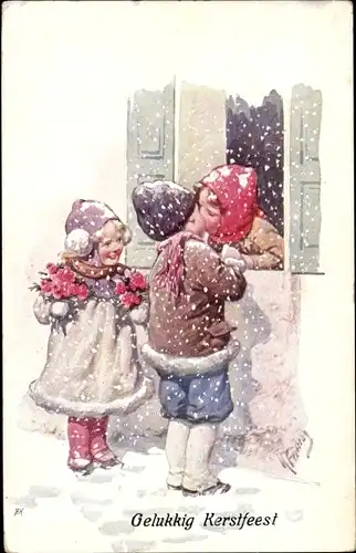Künstler Ak Feiertag, Karl, Weihnachtsglückwunsch, drei Kinder am Fenster, Küsschen, BKWI